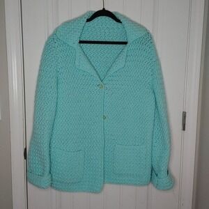Handmade Crochet Handcrafted Aqua Cardigan Jacket Sweater Buttons Pockets Women